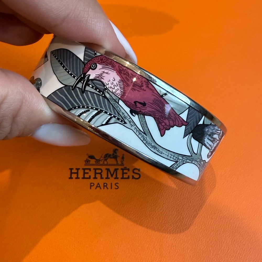 Authentic Hermes Enamel Bangle Bracelet White Silver Birds